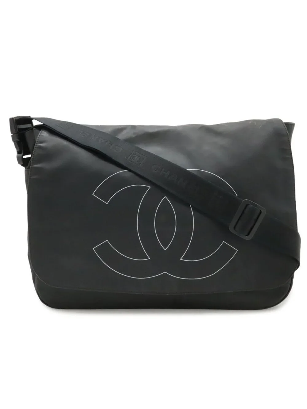 Chanel Sports Line CC Logo Messenger Bag Crossbody Rubber Coating Black